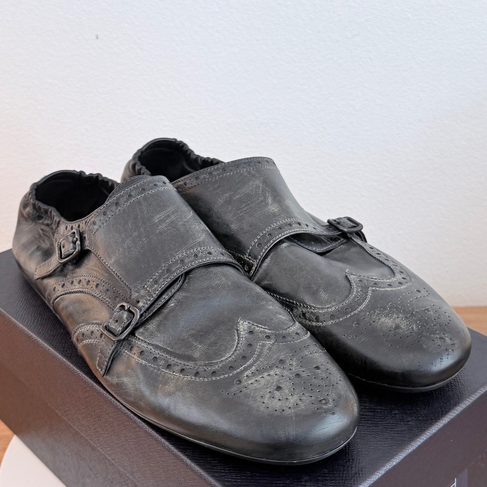 Prada 2EG469 Mens Leather Double Monk Strap Wingtip Shoes Grey Black UK 11